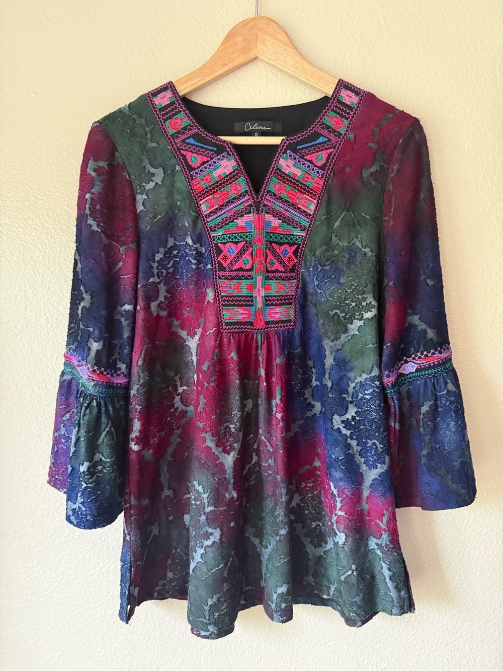 CALESSA Embroidered Split-Neck Tunic in Jewel-Tone Mix